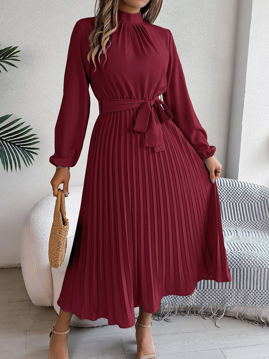 WW | Elegante Stehkragen Taillierter Plissierter Langer Rock kleines Kleid