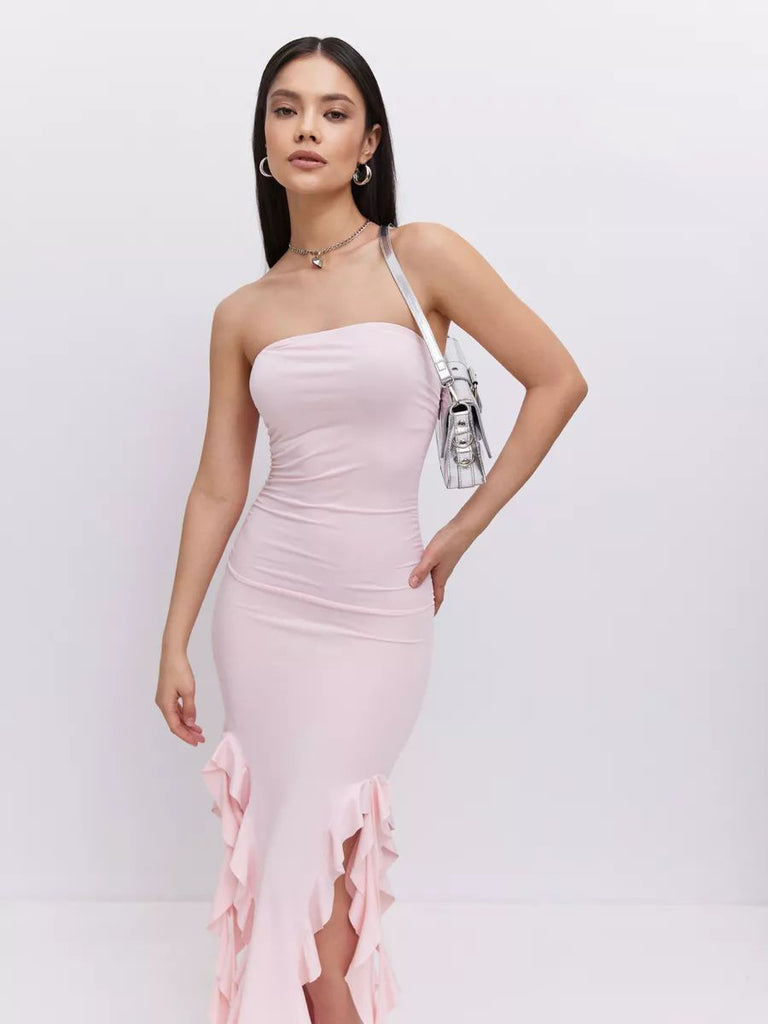 Damen figurbetontes Hochzeitskleid mit elegantem Rüschensaum und Raffungen WW