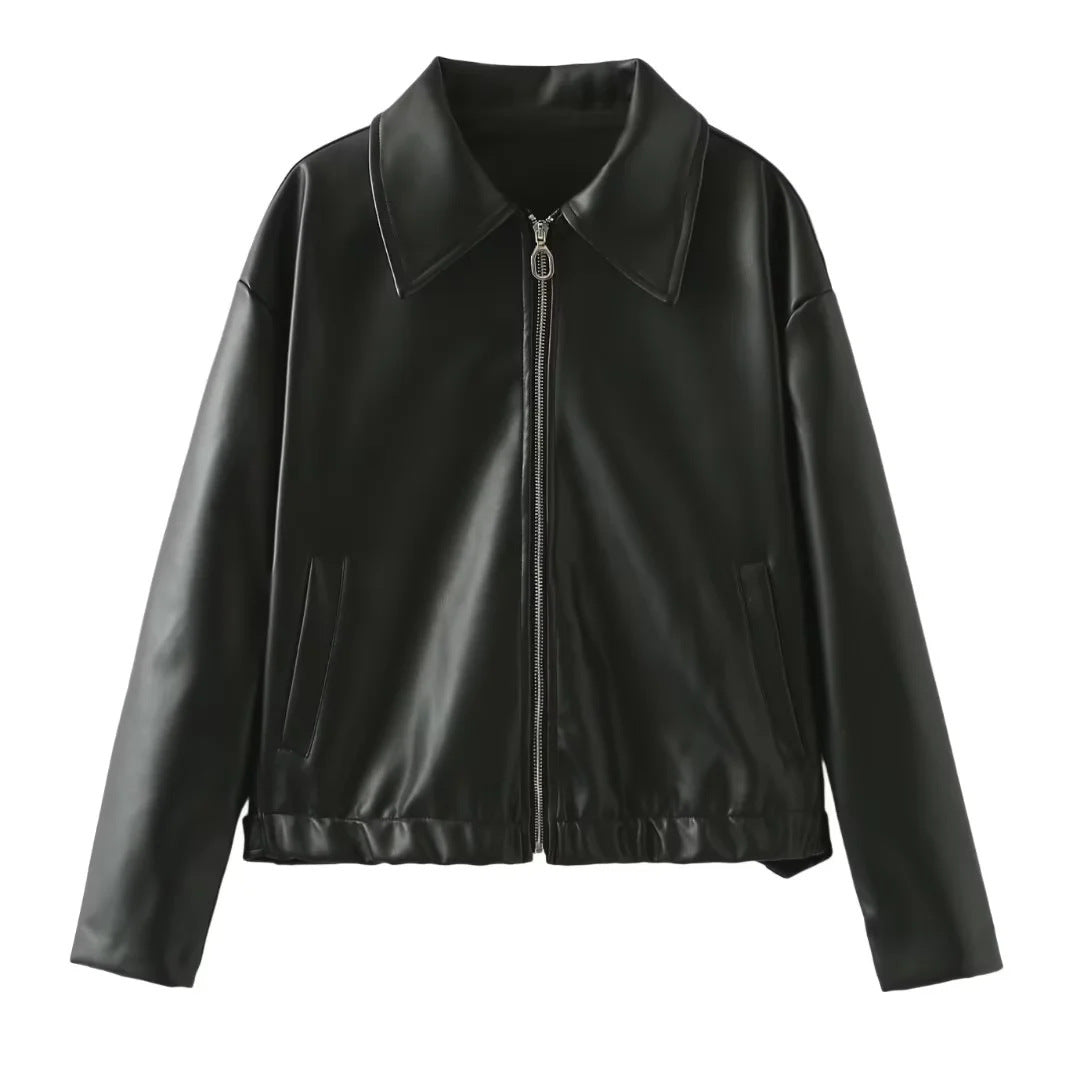 Damen elegante Kunstlederjacke im modernen Design mit praktischem Reißverschluss WW