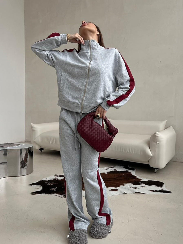 Damen sportliches Fleece-Anzug-Set mit mittellangem Reißverschluss und seitlichen Taschen WW