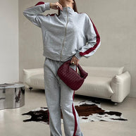 Damen sportliches Fleece-Anzug-Set mit mittellangem Reißverschluss und seitlichen Taschen WW