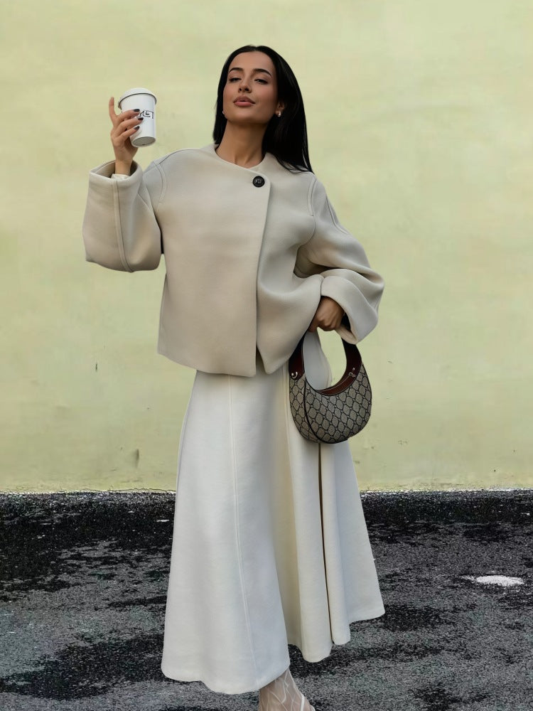 Damen Wickeljacke mit weiten Ärmeln und dekorativem Knopf WW