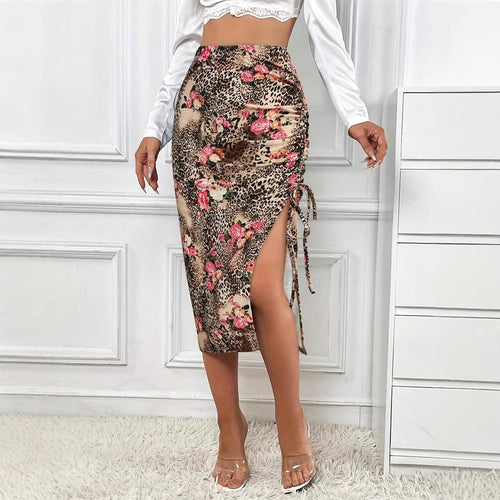 Damen Eleganter Midirock mit floralem Tiermuster und seitlichem Schlitz W&W Mode