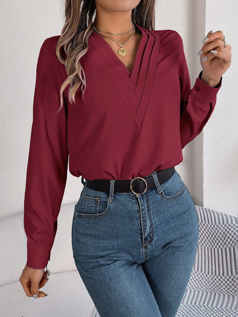 WW | Elegante Plissee Bluse Mit V-ausschnitt Für Damen