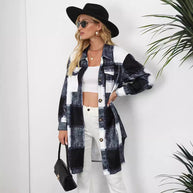 Damen Karomuster Longbluse mit Knopfverschluss und Seitentaschen WW