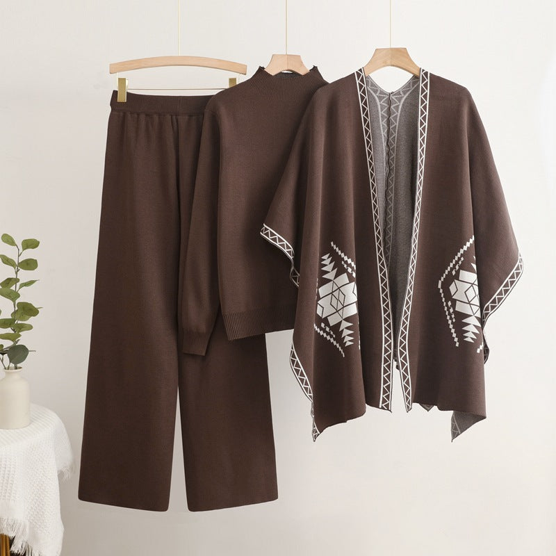 Damen Strick-Loungewear-Set mit außergewöhnlichem Poncho-Stil WW