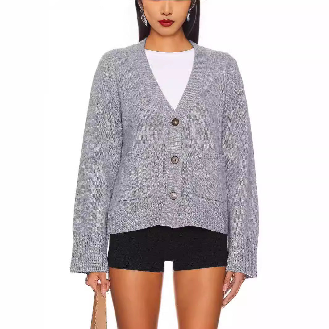 Damen Strickjacke mit V-Ausschnitt und großen Taschen WW