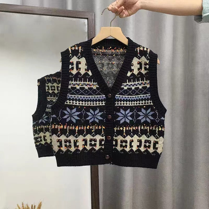 Damen Strickweste mit schickem Norweger-Muster und Knopfverschluss WW