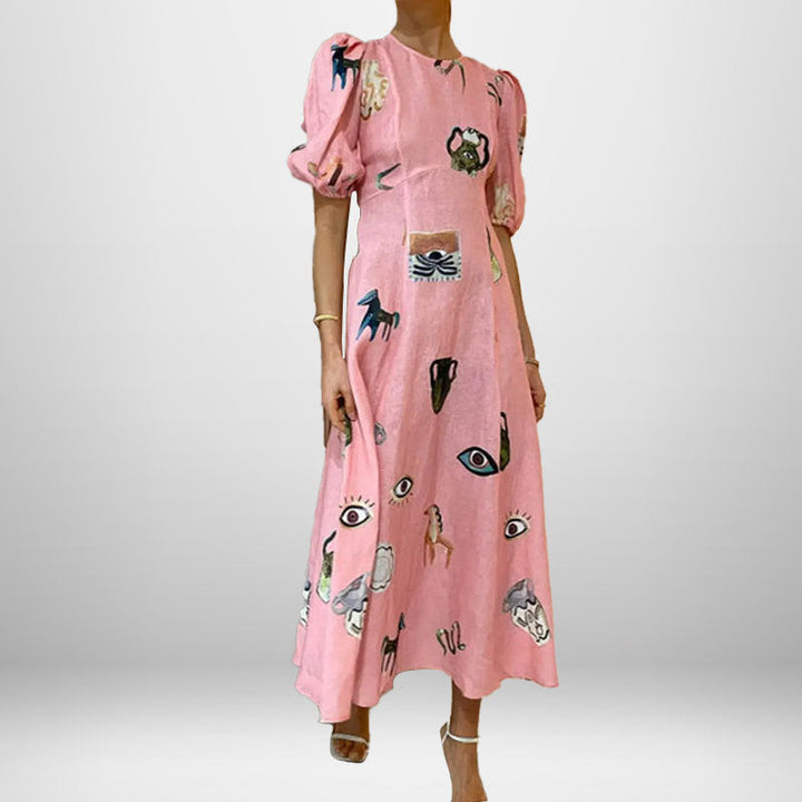 Damen Maxikleid mit künstlerischem Motiv und voluminösen Ärmeln W&W Mode