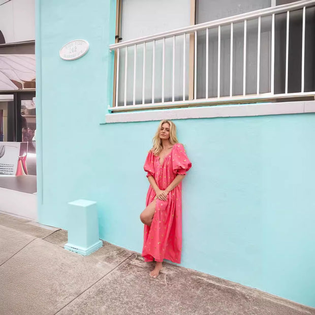 Damen Sommerkleid mit Puffärmeln und goldenen Details WW