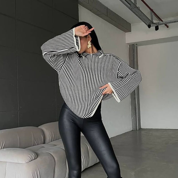 Damen Strickpullover mit lässigem Stehkragen und eleganten Streifen WW