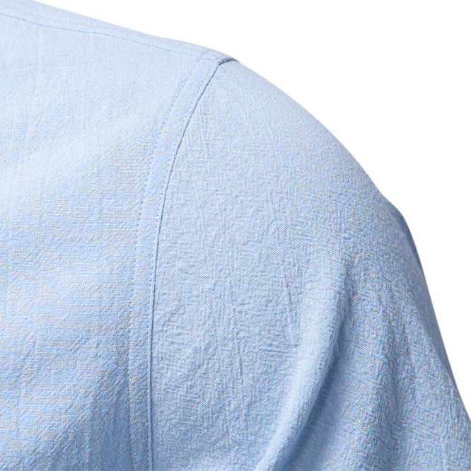 Herren nan lässiges Kurzarmshirt mit Stehkragen, halber Knopfleiste und leicht strukturierter Baumwoll-Leinen-Qualität W&W Mode