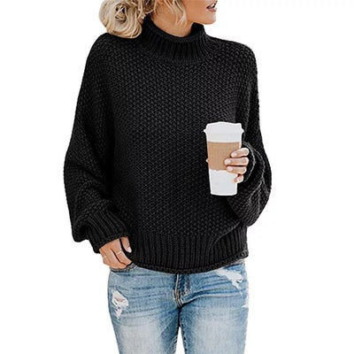 Damen Grobstrick Pullover mit Stehkragen und voluminösen Ärmeln WW