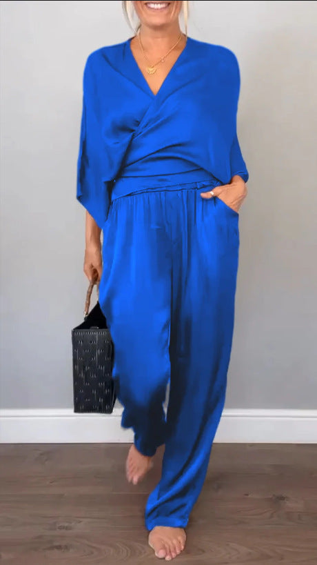 Damen Chiffon Zweiteiler mit Wickeloberteil und weit geschnittenen Hosen WW