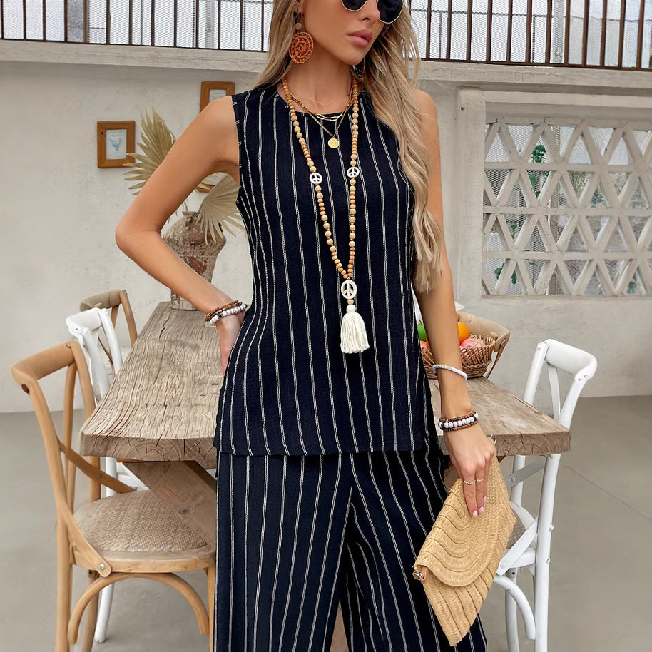 Damen gestreiftes Zweiteiliges Set mit weitem Schnitt und hochwertigem Stoff W&W