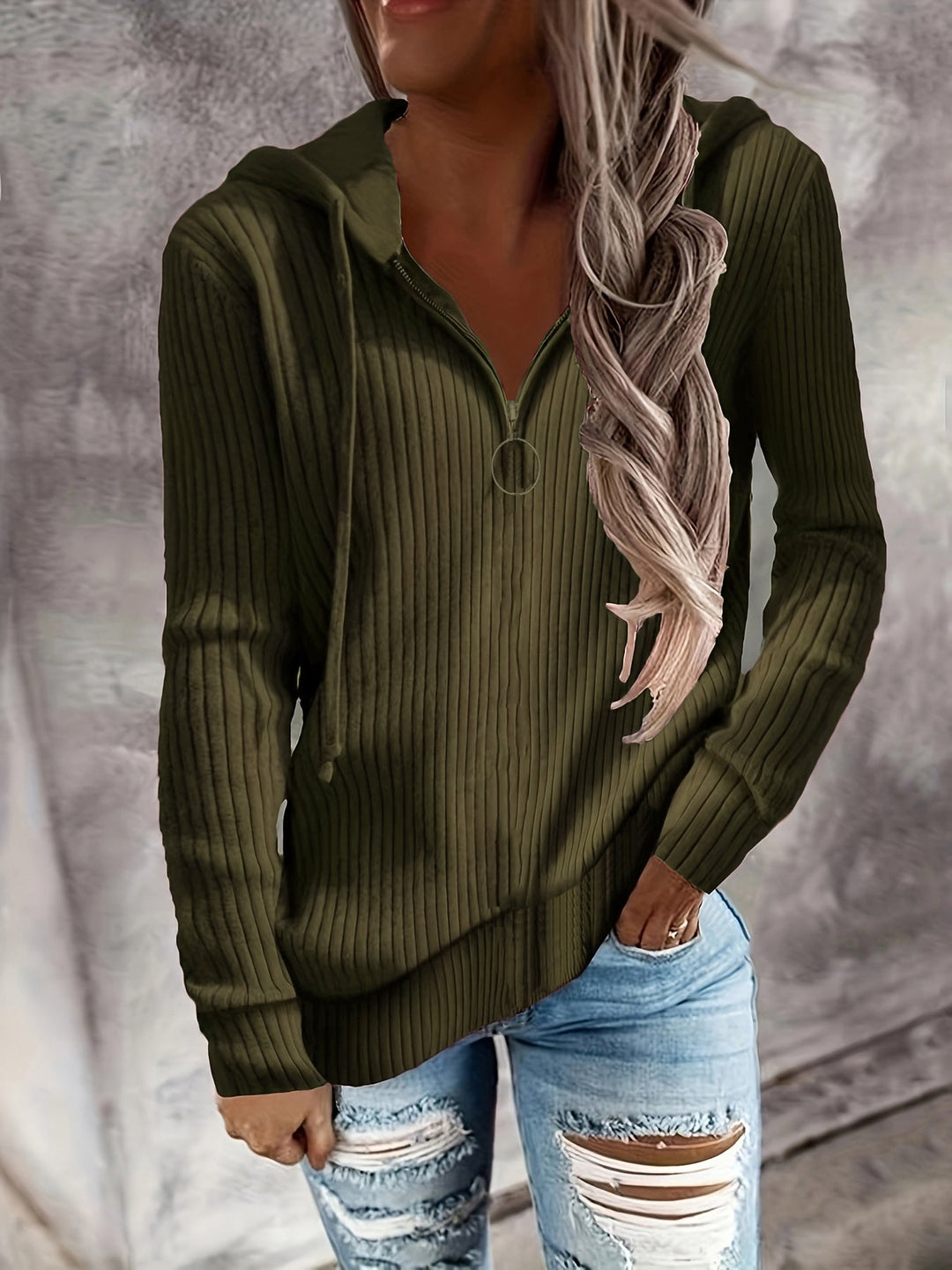 Damen Hoodie mit Reißverschluss und lässigem Rippenstrickdesign W&W Mode