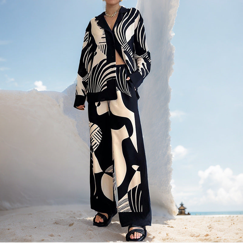 Damen Elegantes Lounge-Set mit artsy Motiv und weitem Schnitt WW