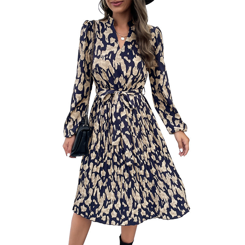 Damen elegantes Maxikleid mit Gürtel und raffiniertem Muster WW