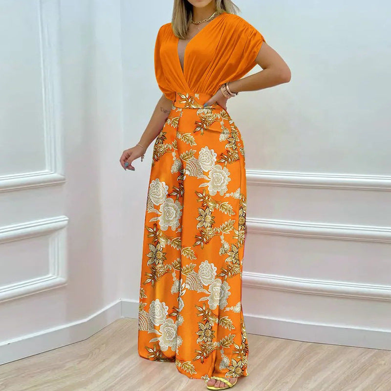 Damen Jumpsuit mit tiefem V-Ausschnitt und weitem Bein W&W Mode