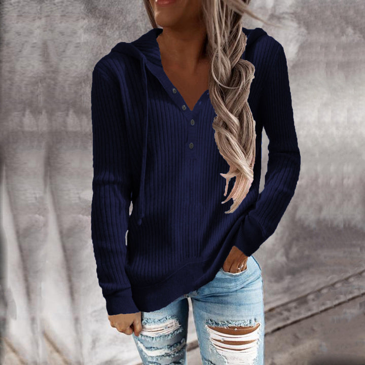 Damen Hoodie mit strukturiertem Rippmuster und knöpfbarem Ausschnitt W&W Mode
