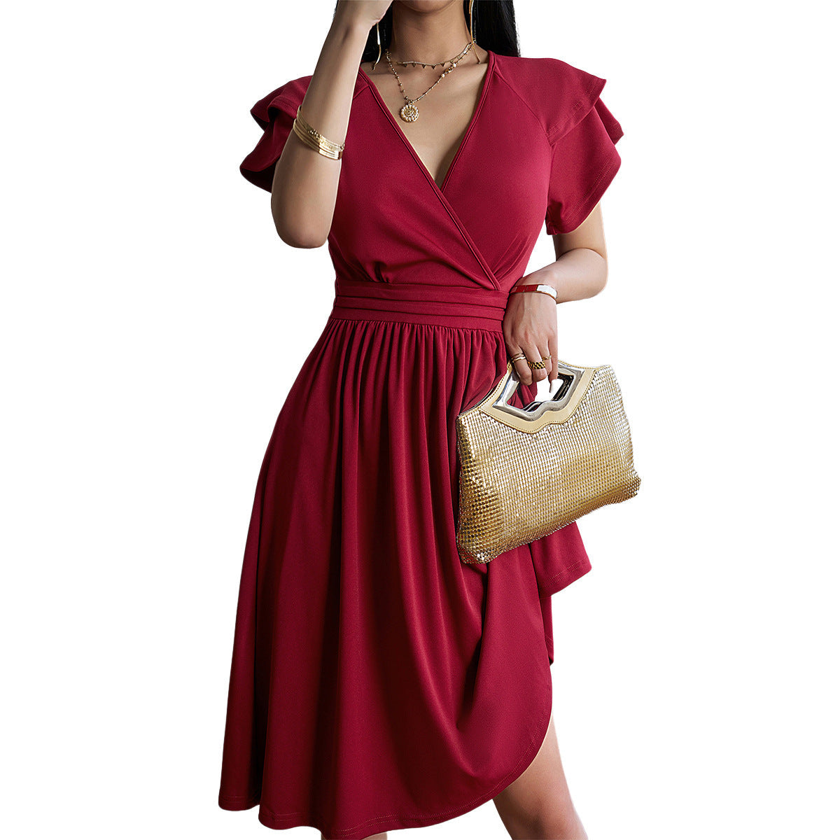 WW | V-neck Solid Color Short Sleeve Dress for Women