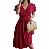 WW | V-neck Solid Color Short Sleeve Dress for Women