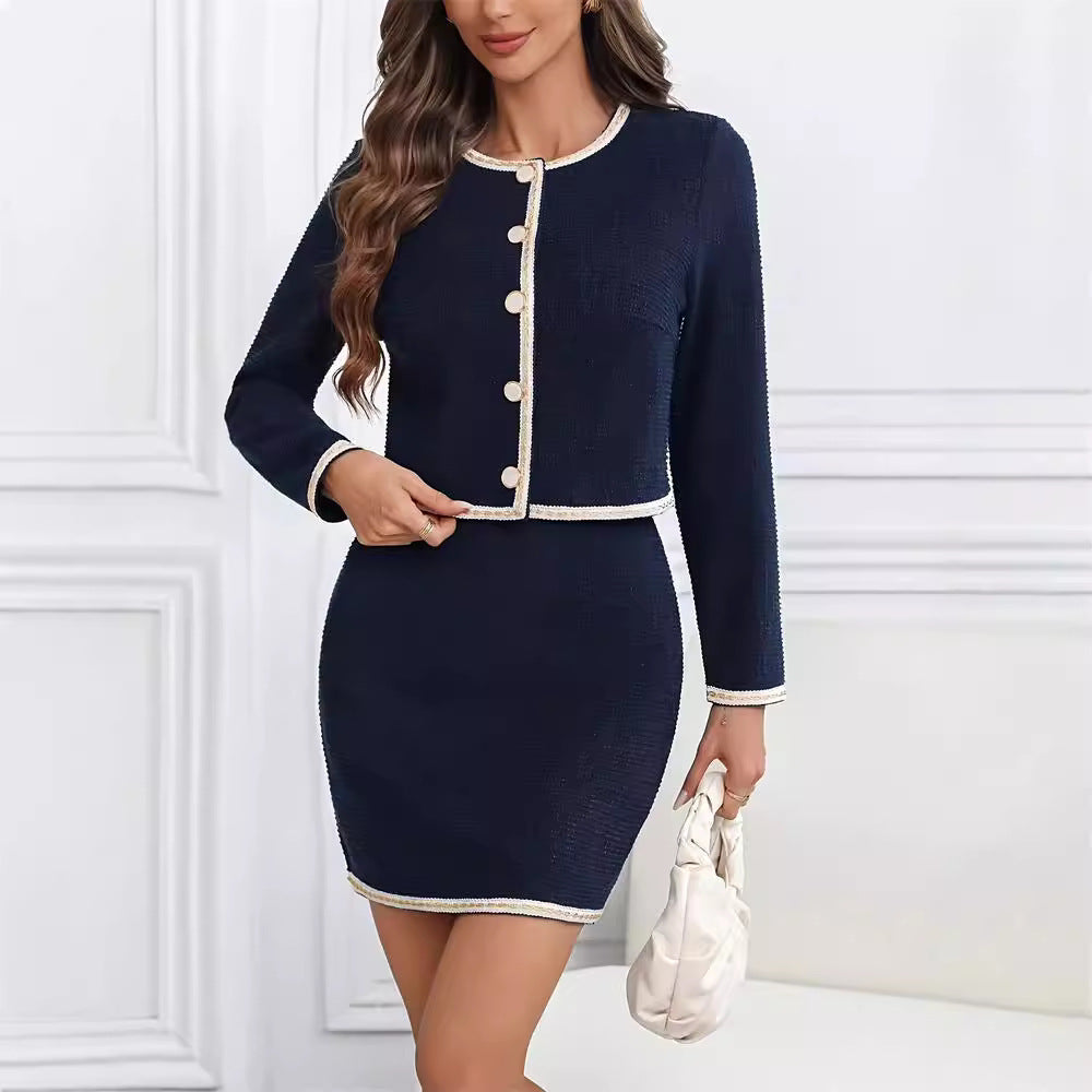 Damen elegantes Tweed-Kleid mit kurzen Ärmeln und klassischen Knöpfen W&W