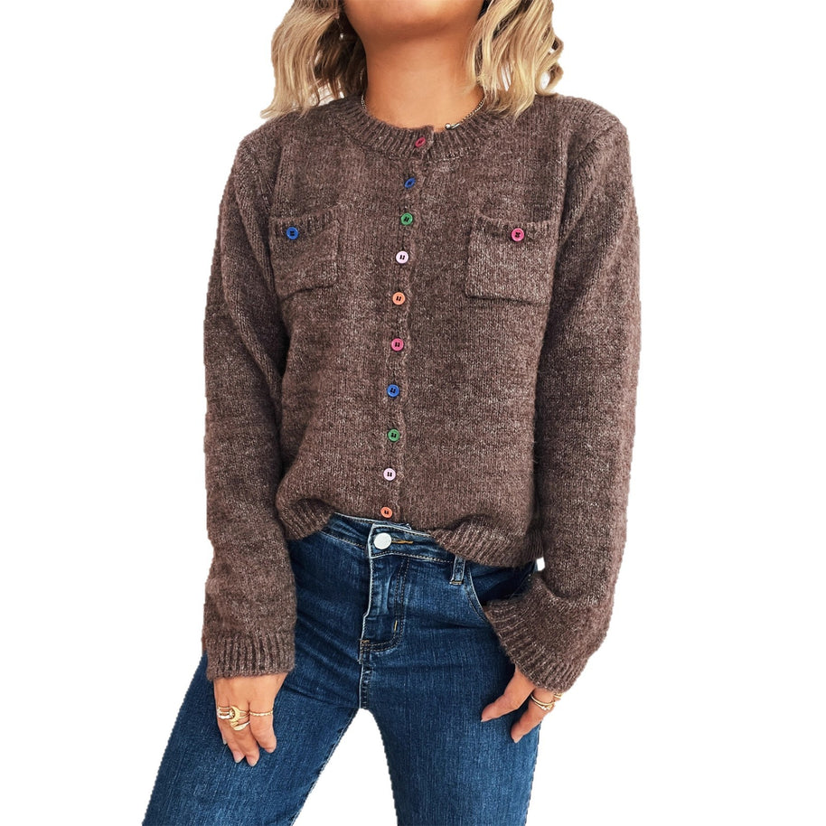 Damen Strickjacke mit bunten Knopfdetails und praktischen Taschen WW