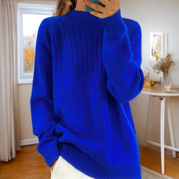 Damen Strickpullover mit kreativem Zopfmuster und hohem Kragen WW
