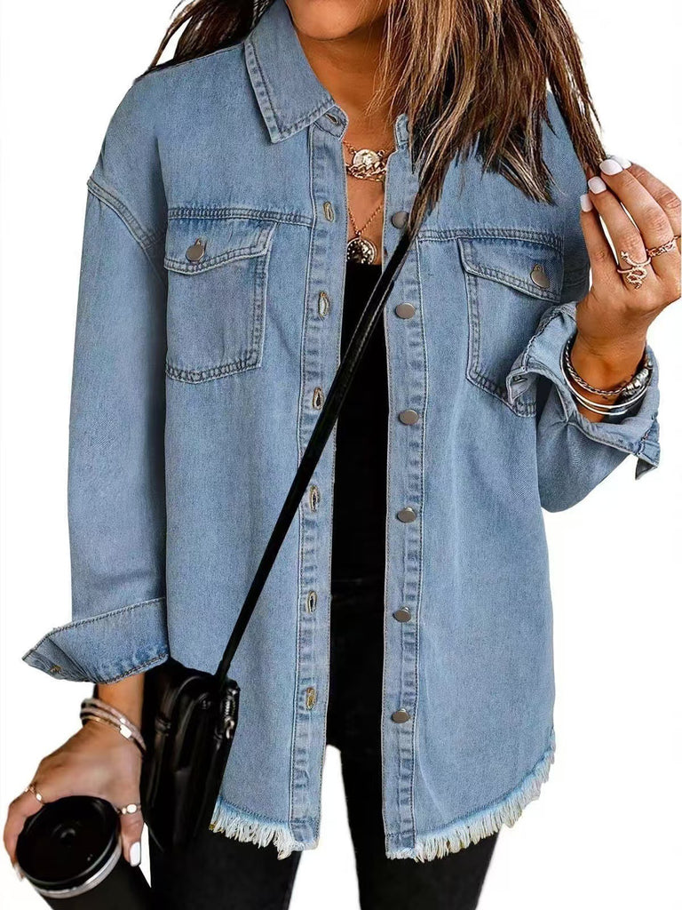 Damen Oversized Jeanshemd mit Fransen WW