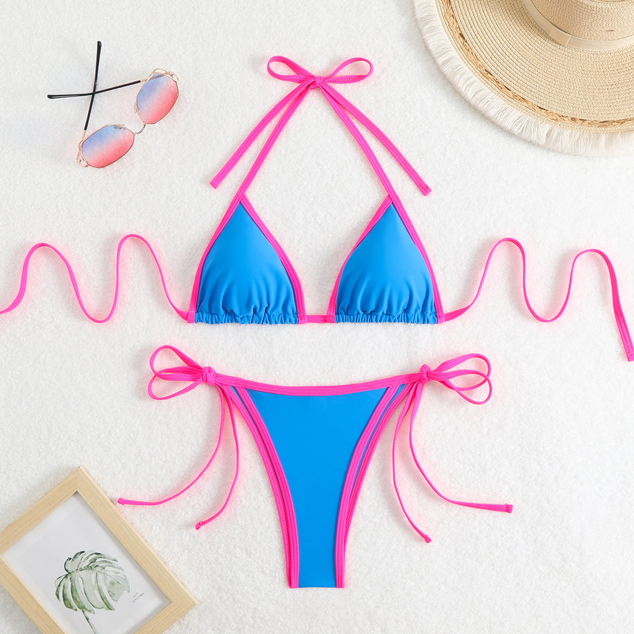 Damen Triangel-Bikini-Set mit verstellbaren Schleifen und kontrastierenden Akzenten WW
