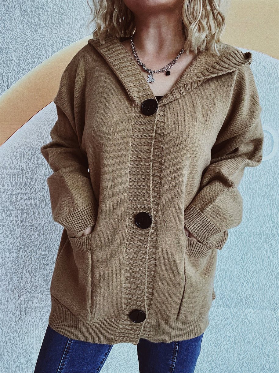 Damen bequeme Strickjacke mit Kapuze und praktischen Taschen WW