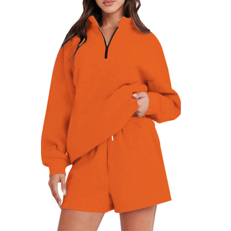 Damen bequemen Freizeit-Sweatanzug mit halbem Reißverschluss und Shorts WW
