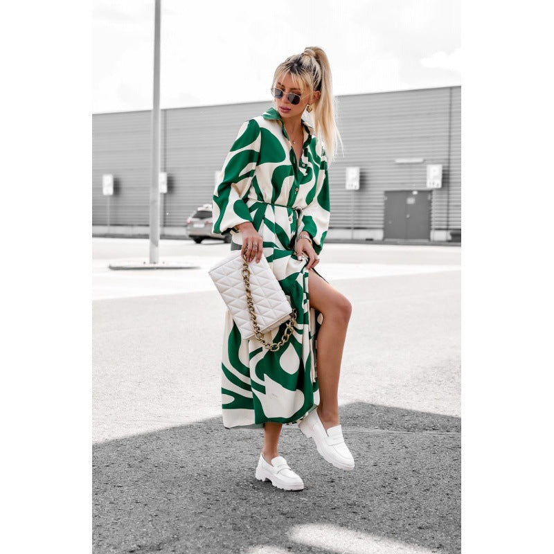 Damen langes Hemdkleid mit modernem Wellenmuster und Taillengürtel WW