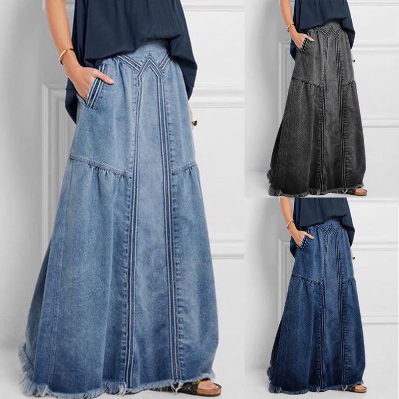 WW | Damen Weit Flair Geflochtene Denim Maxi-Rock