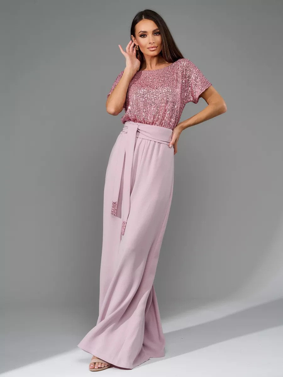 Damen Glamouröses Overalls mit glitzerndem Oberteil und weit geschnittenen Hosen WW