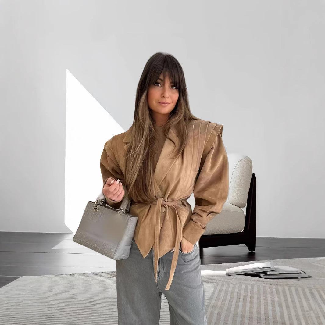 Damen schicke Wollblazerjacke mit Taillengürtel WW