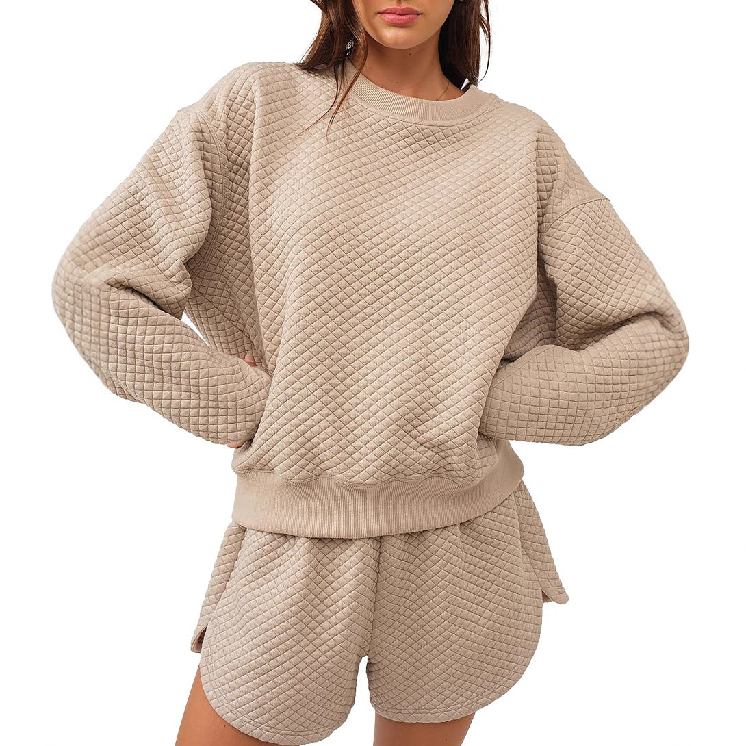 Damen Casual Lounge-Set mit strukturiertem Sweatshirt und Shorts WW