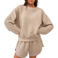 Damen Casual Lounge-Set mit strukturiertem Sweatshirt und Shorts WW