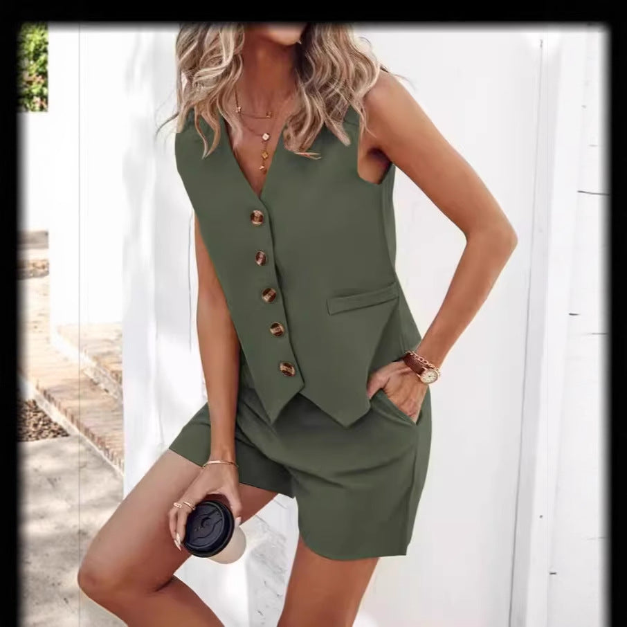 Damen ärmelloses Blazer-Set mit Shorts und Knopfverschluss WW