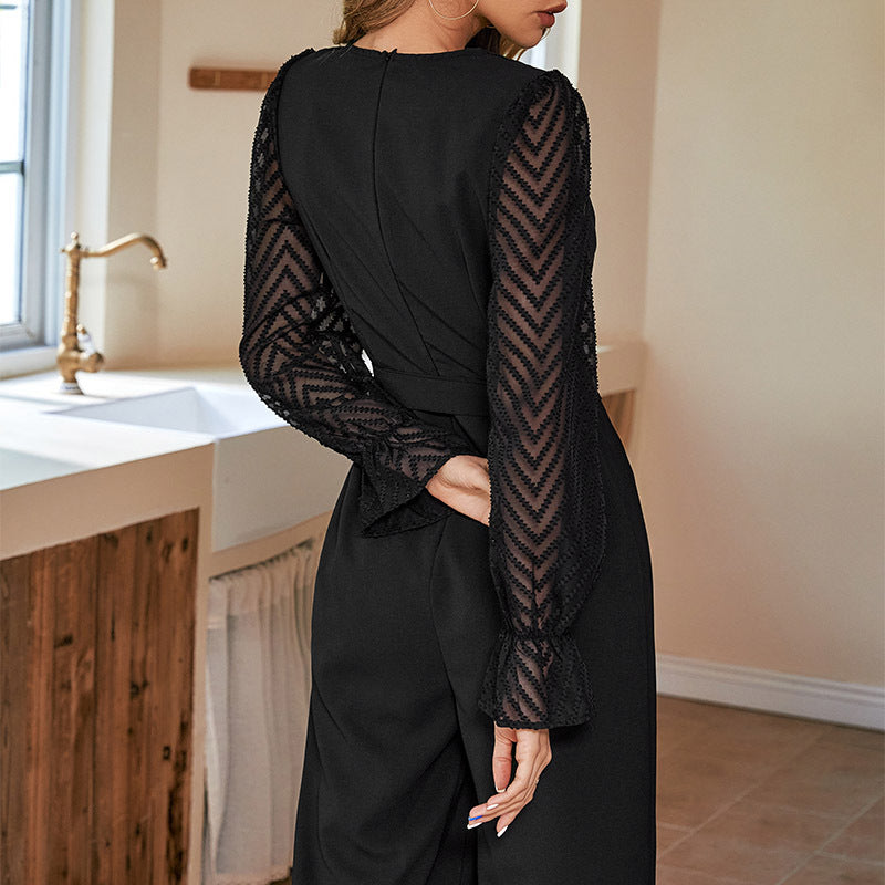 Damen Eleganter Jumpsuit mit taillierbarem Gürtel und transparenter Ärmeloptik WW