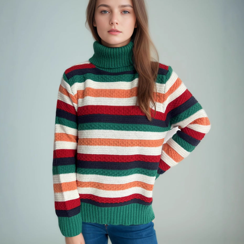 Damen Rollkragenpullover mit farbenfrohen Streifen und hochwertiger Strickqualität WW