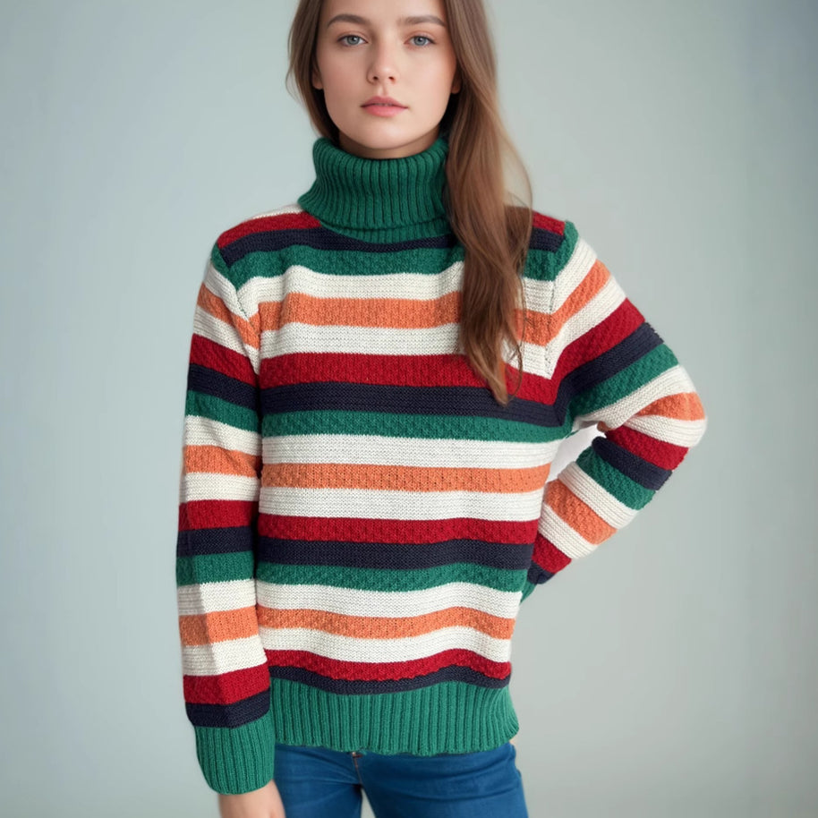 Damen Rollkragenpullover mit farbenfrohen Streifen und hochwertiger Strickqualität WW