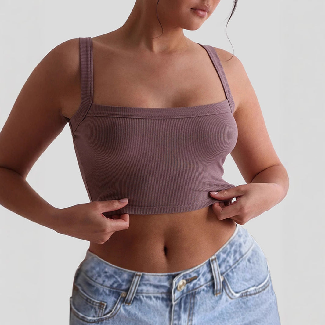 Damen figurbetontes Crop-Top mit breiten Trägern und Rippstruktur W&W Mode