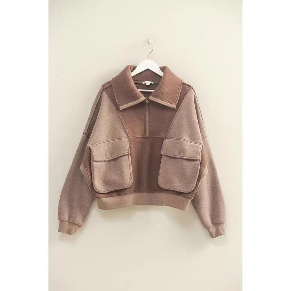 Damen Sportlicher Fleece-Pullover mit Reißverschluss und Tasche WW