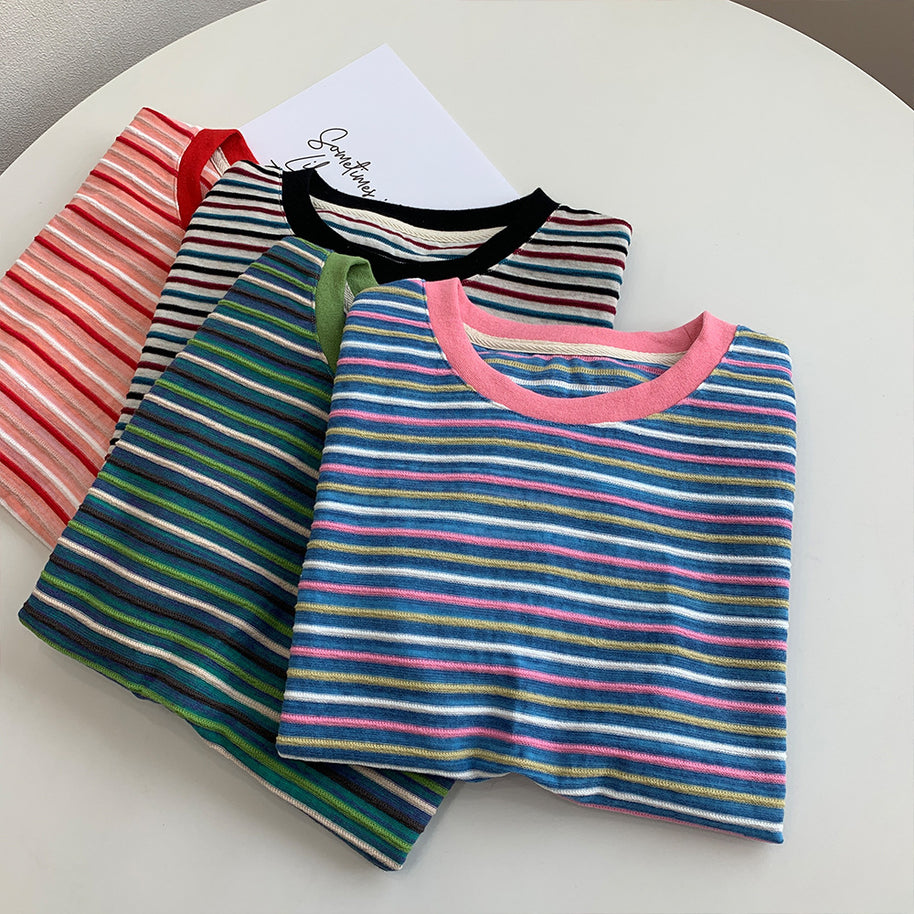 Damen Bequem Gestreiftes Kurzarm-T-Shirt Set WW