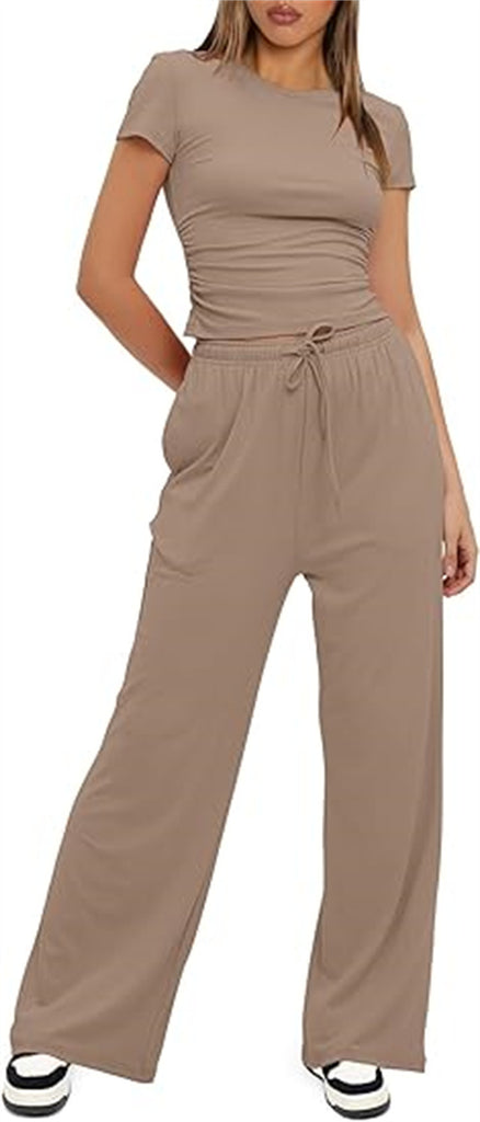 Damen lässiger Zweiteiler mit cropped Oberteil und weitem Beinkleid WW