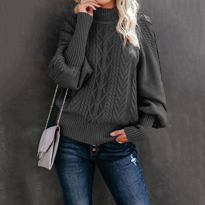 Damen Grober Strickpullover mit hohem Kragen und Ballonärmeln W&W Mode