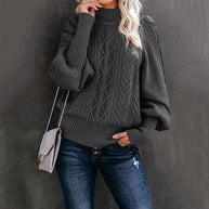 Damen Grober Strickpullover mit hohem Kragen und Ballonärmeln WW