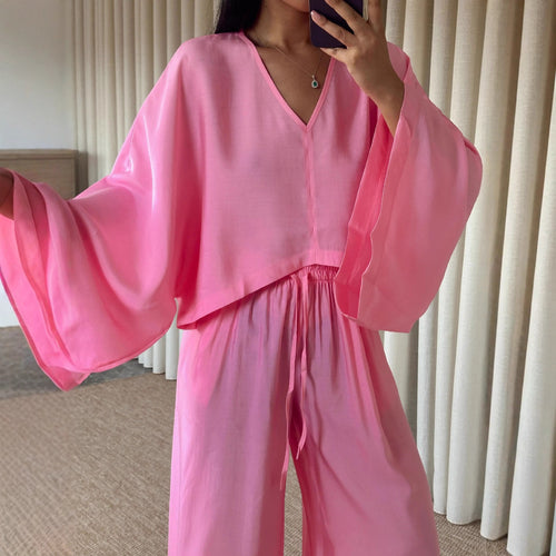 Damen Set aus luftiger Bluse und weitem Hosenanzug WW